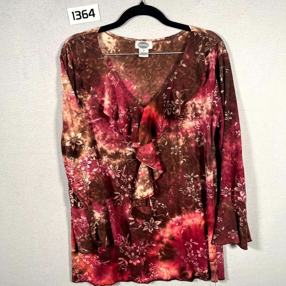 Sienna Grace Top Womens Medium Brown Burgundy Floral Ruffle V Neck Bell Sleeve